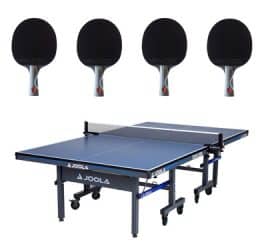 Joola Tour 2500 Infinity Edge Outdoor ping-pong table with 4 paddle bundle.